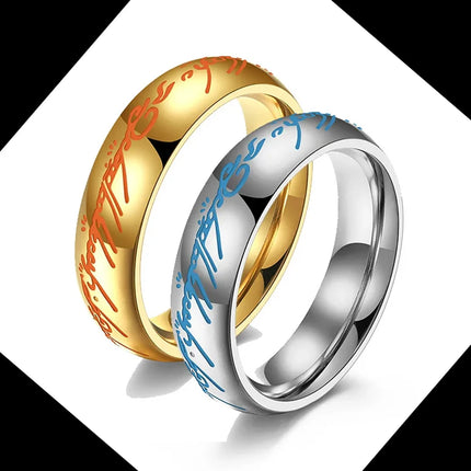 Stainless Steel Jewelry Punk Magic Power Ring with Elvish Letters Fantasy Wizard Style Unisex Multicolor Sizes 5-13