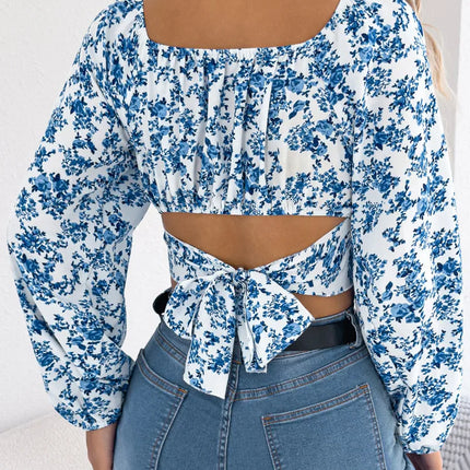 VigoCasey 2025 Spring Square Neck Backless T-shirt Casual Women Long Sleeve Bodycon Crop Top Autumn Lady Pirnt Club Short Tops