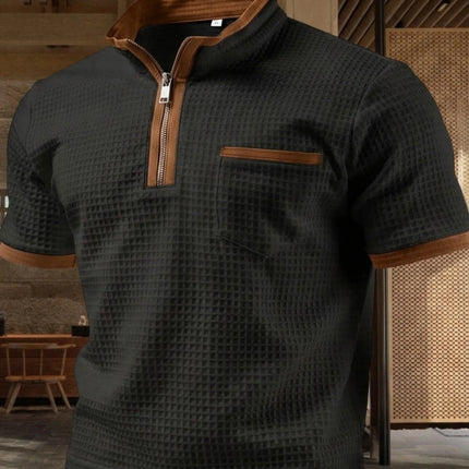 Men's Solid Zipper Social Polo Shirts for Men Summer Henry Collar Short Sleeve Golf Personality Casual Breathable Sports Top