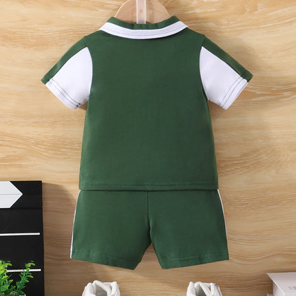 A Two-Piece Pair Of Summer Baby Boy Sports Letter Print Patchwork Lapel Top And Casual Color-Blocking Shorts
