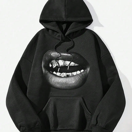 Creative and Cool Lip Print Pattern Printed Women's Hoodie 2025 New Autumn and Winter Minimalist Style Top Clothing