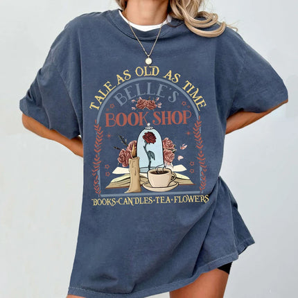Vintage Retro Belle's Book shop Shirt Tale as old as time Beauty and The Beast Magic Tee Casual Y2K Top Daily Trendy Streetwear