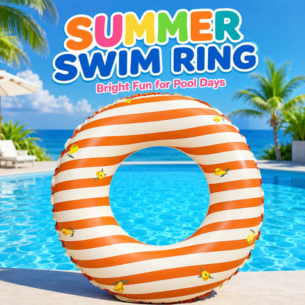 Inflatable Swim Ring ,Orange Striped Lemon Print Pool Floats Tube, Summer Water Toy for Adults Beach Pool Party