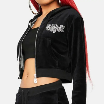 European American Casual Sports Cardigan Zipper Top Personalized Letter rhinestone Short midriff-baring Hoodie Women's Clothing