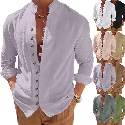 Men's Cotton Linen Shirt Men's Casual Loose Fit Long Sleeve Vintage Retro Button Down Shirt Hawaiian Beach Shirt