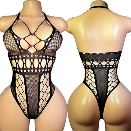Big Loophole Bodystocking Mesh Sheer Baby Doll Dress Erotic Crotchless Lingerie Women Sexy Bow Fishnet Hollow Babydoll Underwear