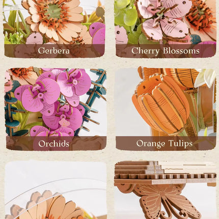 Rolife 3D Puzzle Wooden Blooming Book DIY Artificial Flower Bouquet Model Building Kit for Home Decor Wedding Mother's Day Valentine's Day Gift for Women Adults