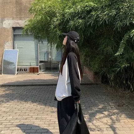 Casual Oversized T-Shirt Y2K Tops Harajuku Long Sleeve O-Neck T-Shirts Spring Autumn Black White Patchwork Tees Women Streetwear