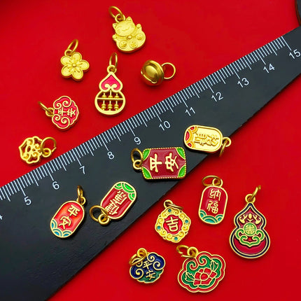 10/15pcs Antique & Sand-Gold Alloy Pendants for Wealth, Prosperity, and Good Fortune. DIY Chinese-style Charms for Bracelets
