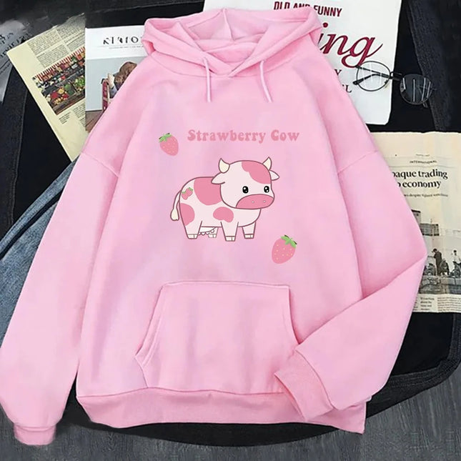 Cow and Strawberry Kawaii Printed Women Hoodies Casual Pullover Sweatshirt Autumn Winter Girl Streetwear Tops Clothing