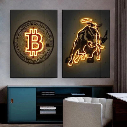 Neon Bitcoin Bull Crypto Gold Wall Art Canvas Painting Cattle Poster and Print Picture Home Decoration for Living Room Decor
