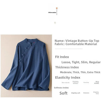 Retro Artistic Women's Long Sleeve Cotton Linen Loose Slim Fit Shirt Stand Collar Side Button Geometric Pattern Elegant Style