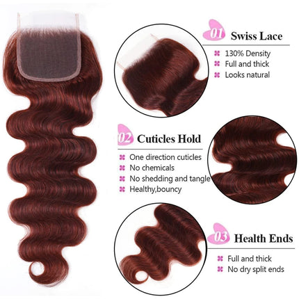 UNice Reddish Brown Body Wave 4x4 Lace Closure 1PC Free Part 100% Human Hair Closure 14-20 Inch