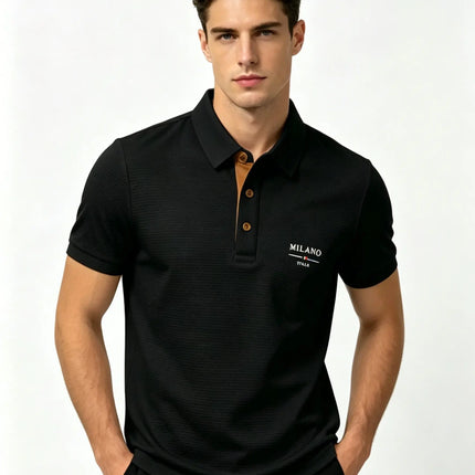 Mens Milano Italia Letter Jacquard Polo Shirt Breathable Quick Dry Fabric Casual Business Outdoor Daily Short Sleeve Top