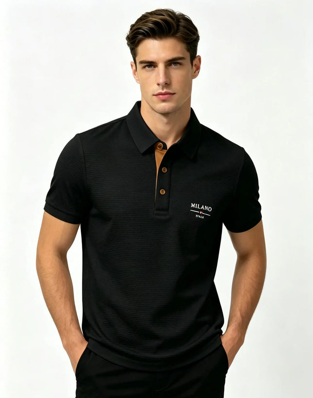 Mens Milano Italia Letter Jacquard Polo Shirt Breathable Quick Dry Fabric Casual Business Outdoor Daily Short Sleeve Top