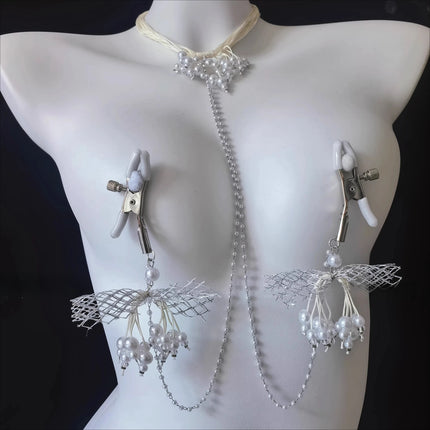 Women's Pearl Collar with Nipple Clamps and Double-Peak Toy Nipple Clamps SM Body Restraint Chain Body Decoration Adult Product