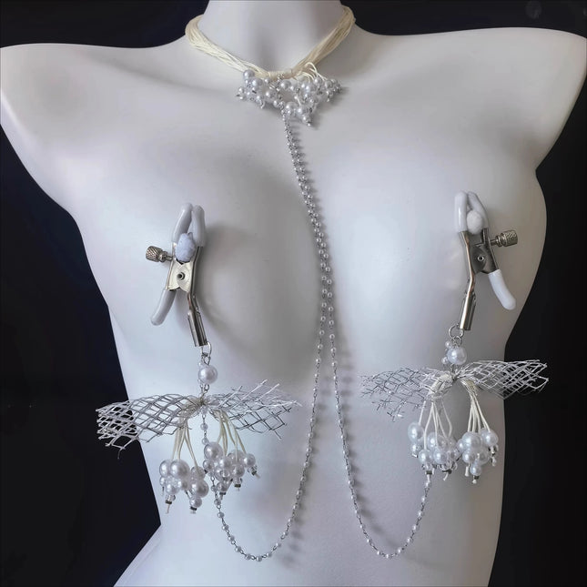 Women's Pearl Collar with Nipple Clamps and Double-Peak Toy Nipple Clamps SM Body Restraint Chain Body Decoration Adult Product