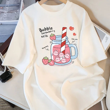 Delicious Strawberry Drink Printed Women's T-shirt Summer Breathable Street Casual Sports Cool Short Sleeve Women Clothing Y2K