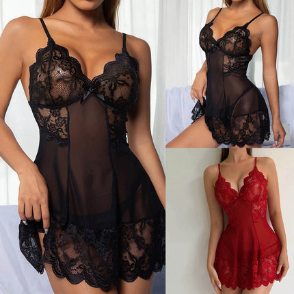 Women Nightdress Sexy Lace Chemise Bow Nightgown Sleepwear Mini Dress Plus Size Deep V Babydoll Lingerie Sexi Sleepdress Nighty