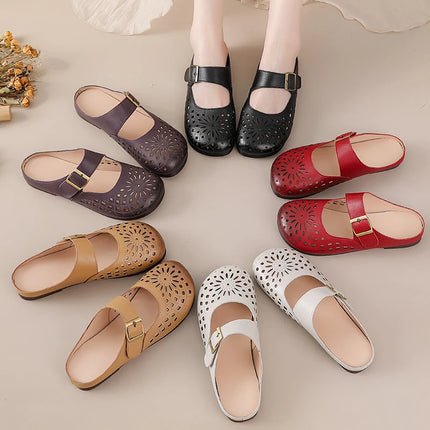 New Women's Breathable Perforated Leather Mules Vintage Tassel Slip on Flats Woman Casual Summer Shoes Hollow Slippers Outdoor