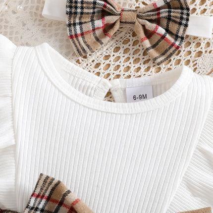 Baby Girl Summer Fashion Cute Casual Round Neck Ruffle Lace Decoration Short Sleeved Waist Large Bow Plaid Splicing Design