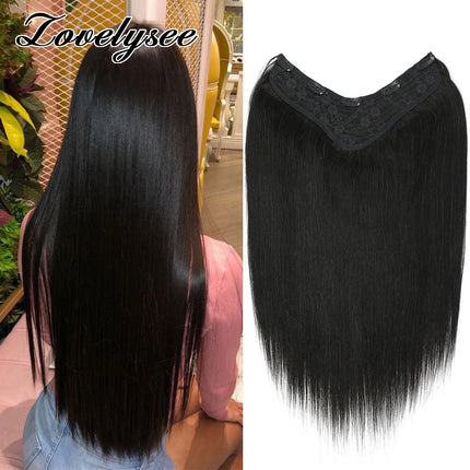 V-shaped Clip in Hair Extensions Human Hair Straight Natural Black Remy Human Hair Double Weft Hair Extensions Easy to Install