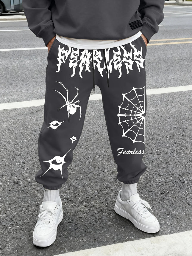 Men's Retro Dark Grunge Spider Eye Graphic Joggers Elastic Cuff Sweatpants Popular Vintage Goth Streetwear Casual Pants