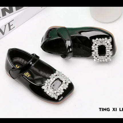 Baby Girls Leather Shoes for Party Wedding Kids Black Mary Janes with Rhinestone Buckle Princess Sweet Chic Children's Flats New