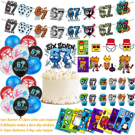 I WAS 6 NOW IM 7 Number 67 Themed Birthday Party Decoration Banner Balloon Cake Toppers＆ Make A Face DIY Stickers Creative Gift