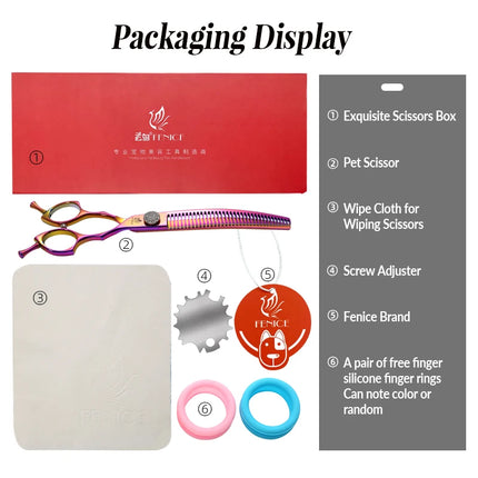 Fenice 7.25 Inch Professional Diamonds Screw Curved Chunker Scissors Pet Grooming Shears JP440C Thinner Shears for Dogs