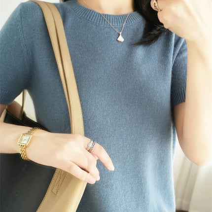 Summer New Women's Knitted Short Sleeve T-shirt Thin Wool Cashmere Short Sleeve Loose Fit Round Neck Top Outerwear Straight Cut