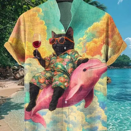 Funny Men's Cat Drinking Beer Shirts 3D Print Hawaiian Shirts Summer Men Women Short Sleeve Blouse Casual Vacation Beach Y2k Top