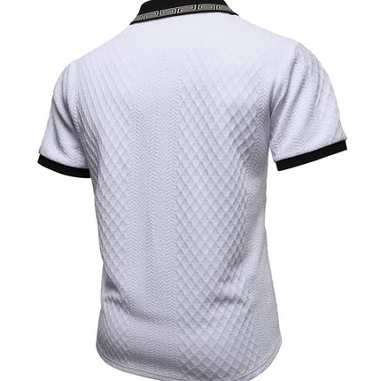 Men's casual sports jacquard short sleeved button polo shirt with a lapel knit top