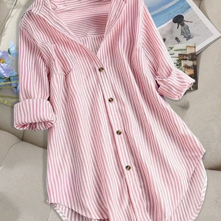Plus Size Women's Fashion Striped Lapel Single Breasted Blouse Shirt Autumn Spring Ladies Casual Loose Long Sleeve Button Shirt