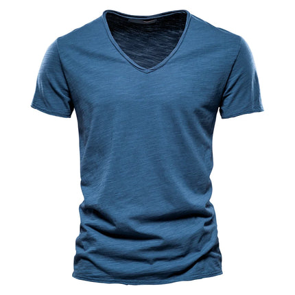 Brand Quality 100% Cotton Men's T-shirt V-neck Fashion Design Slim Fit Solid T-shirts Male Tops Tees Short Sleeve T-Shirt For Men