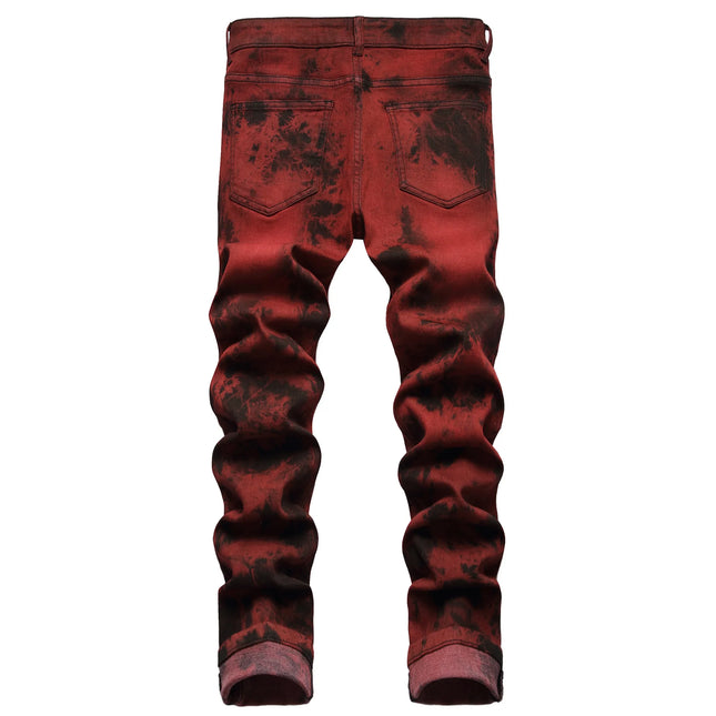 Men's Burgundy Jeans in Asian Sizes, Black Printed Stretch Denim Pants, Stylish Slim-fit Trousers. 28-42