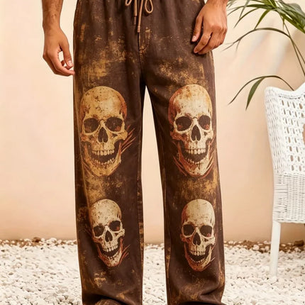 Men's skull print casual pants, loose and breathable drawstring style, for trendy and cool vacation items in multiple scenes