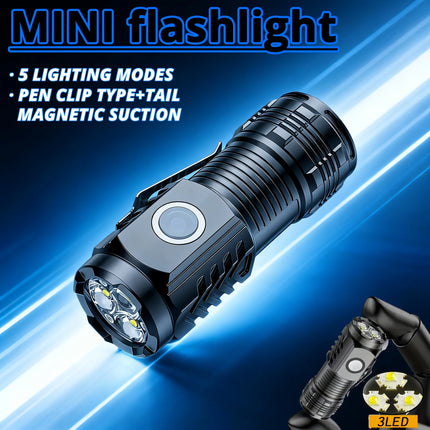 Mini 3LED Flashlight With Pen Clip,Night Walking, Portable Brightness,Rechargeable Waterproof Emergency Spotlight Outdoor Torch