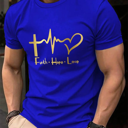 Men's Summer 100% Cotton Fashionable Casual Loose Large Size FAITH HOPE LOVE Printed Sports Round Neck Short Sleeve T-shirt Top
