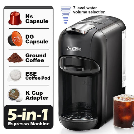 Cafelffe 5 in 1 Multiple Capsule Coffee Machine Hot/Cold DG Cappuccino Nespresso Capsule ESE Pod Ground Coffee Cafeteria 19Bar