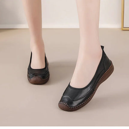New Real Leather Perforated Ballet Flats Women's Massage Insole Slip On Moccasins Woman Hollow Loafer Casual Daily Shopping Shoe
