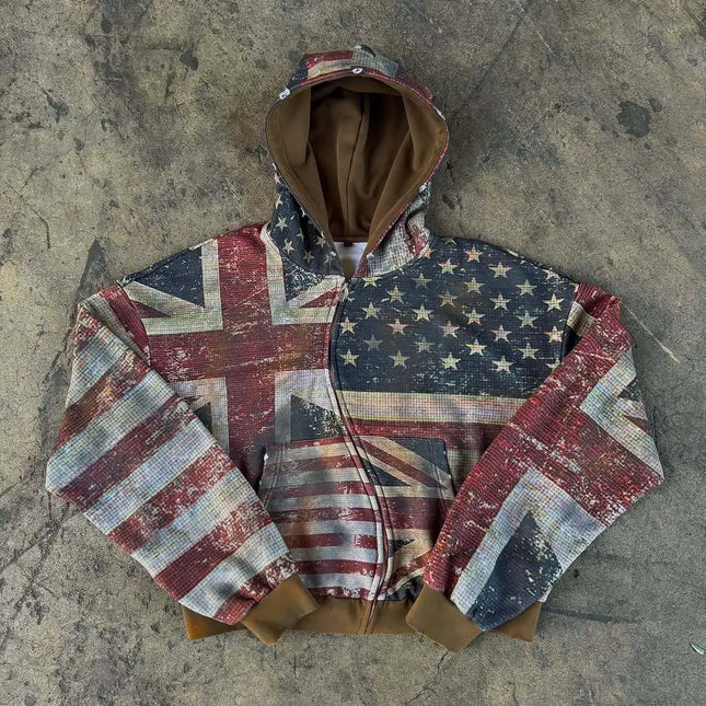 2026 New Women's Zipper Hoodie Retro Flag Printed Hoodie Sportswear Casual Street Wear Y2K Long Sleeve Top
