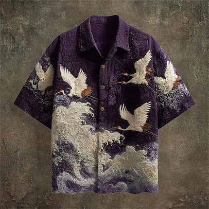 New dark green embossed dark pattern fabric with flying crane and wave printing for men's casual short sleeved shirt