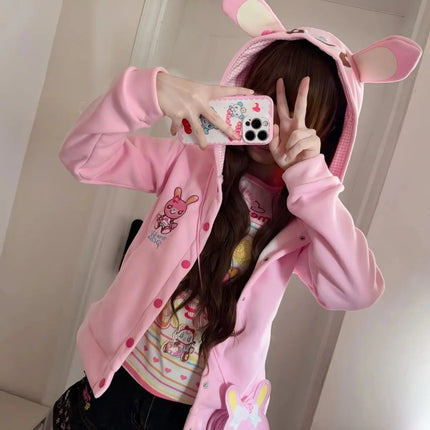 Japanese Kawaii Coat Rabbit Ear Hooded Subculture Kawaii Y2k Sweatshirts Casual Fashion Sweet Coats Ropa Mujer Women Clothing