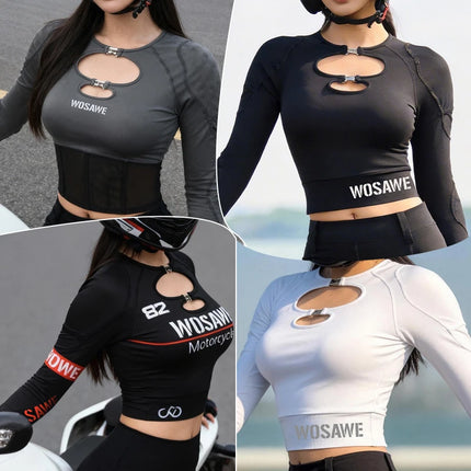 WOSAWE Motorcycle Jacket Women Summer Hollow Mesh Breathable Long Sleeve Motorbike Riding Gear External Removable Pads Short Top