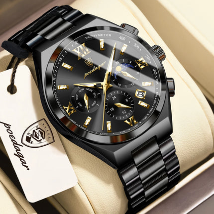 POEDAGAR Fashion Functional Men's Wristwatch Luminous Week Date Business Watch For Men Stainless Steel Sports Men's Quartz Watches