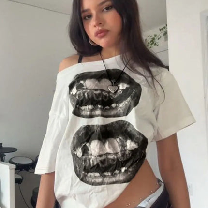 American Street Hip Hop Mouth Print Loose T-shirt Women Personalized Casual Top