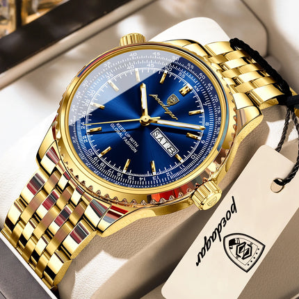 POEDAGAR Fashion Watches For Man Stainless Steel Date Week Quartz Men Clock Waterproof Luminous Luxury Military Men's Wristwatch