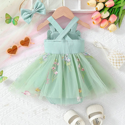 2025 Summer Baby Girl Netted Dress with Korean Style 3D Flower Embroidery Straps and Matching Headband 2-Piece Set