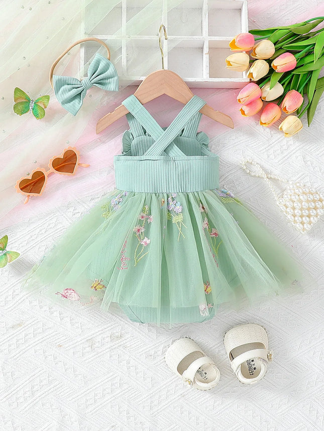 2025 Summer Baby Girl Netted Dress with Korean Style 3D Flower Embroidery Straps and Matching Headband 2-Piece Set